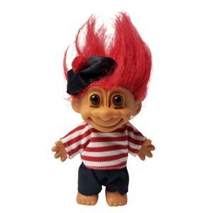 Vintage Russ Troll Doll 4" Frenchman & Beret Red Hair Striped Shirt Navy Pants